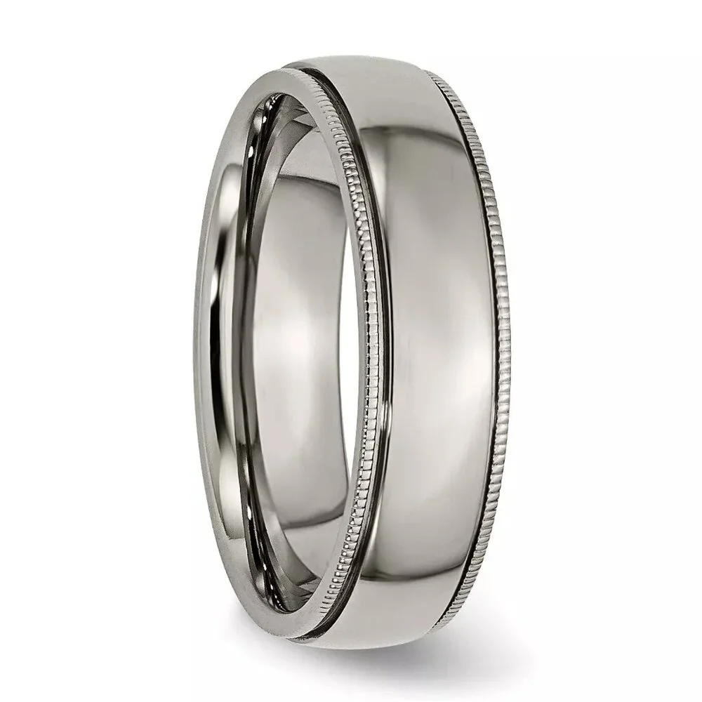 Chisel Titanium Grooved and Beaded Edge 6mm Polished Band, Finger Size 9.5